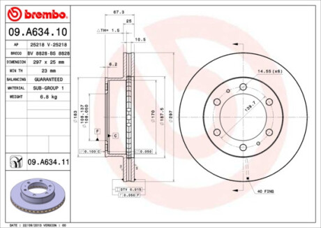 Диск гальмівний ПЕРЕДН TOYOTA LCV HILUX (VIGO) PICKUP 2.5D-4D 3.0D-4D 07- КОРОТК КОЛЕСНАЯ БАЗА BREMBO 09.A634.10