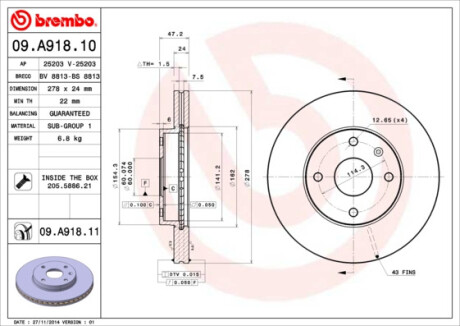 Диск тормозной ПЕРЕДНЕЙ CHEVROLET EPICA 2.0 06- 16'' BREMBO 09.A918.10