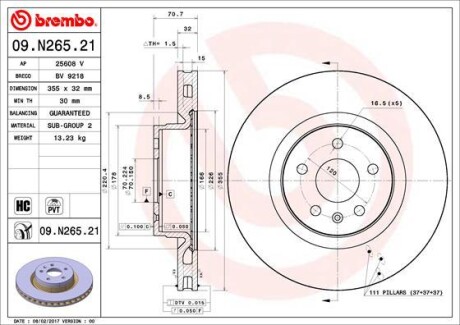 Диск тормозной передний TESLA MODEL S 09/12- / TESLA MODEL X 09/13- BREMBO 09.N265.21