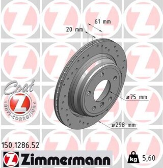 Диск тормозной (задний) BMW 5 (E39) 95-03 (298x20) (с покрытием) (с отвертками) (вент.) UA63 ZIMMERMANN 150.1286.52