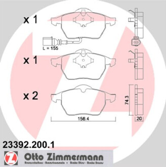 Колодки тормозные дисковые передние AUDI A3/TT 01.2001-,VW BORA/GOLF IV/PASSAT/VENTO 01.1992-,SKODA O ZIMMERMANN 23392.200.1