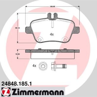 Колодки гальмівні дискові ЗАДН MB B-CLASS (W246) 180 200 2011-,SLK (R172) 200 250 350 2011- ZIMMERMANN 24848.185.1