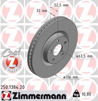 Диск гальмівний FORD S-MAX 1.5 2.0 2015-, GALAXY, EDGE ZIMMERMANN 250.1384.20