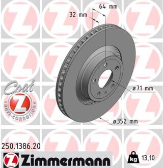 Диск гальмівний ПЕРЕДН MUSTANG COUPE 01.2015 - -ua ZIMMERMANN 250.1386.20