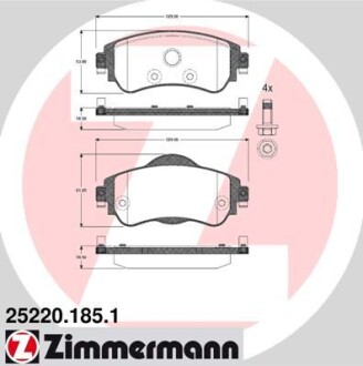 Колодки гальмівні дискові ПЕРЕДН CITROEN C4 1.4,1.6 HDI 09-,DS4 1.6HDI 2010- ZIMMERMANN 25220.185.1
