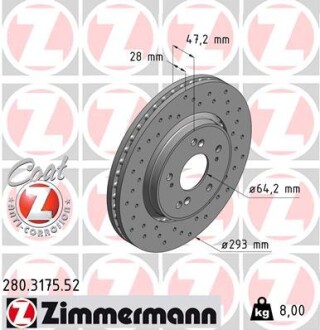 Диск гальмівний ПЕРЕДН SPORT Z HONDA CR-V III - 2.0I-VTEC,2.2 I-CTDI,2.2 I-DTEC,2.4 I-VTEC 07- ZIMMERMANN 280.3175.52
