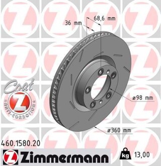 Диск тормозной ПЕРЕДНЬ ЛЕВЫЙ PORSCHE PANAMERA 3.0-4.8 2009- ZIMMERMANN 460.1580.20