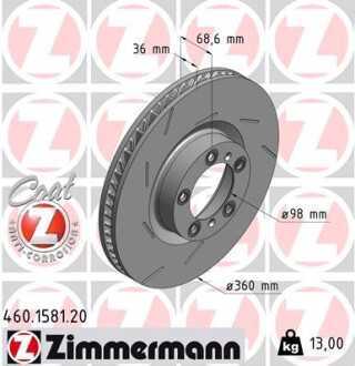 Диск тормозной ПЕРЕДНИЙ ПРАВЫЙ PORSCHE PANAMERA 3.0-4.8 2009- ZIMMERMANN 460.1581.20